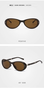 Detailansicht der dunkelbraunen ovalen Sonnenbrille mit edlen Metallscharnieren