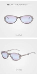 Detailansicht der faltbaren ovalen Sonnenbrille in Geleegrau mit lila-blauen Gläsern
