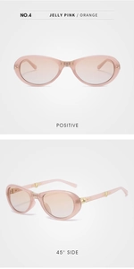 Detailansicht der gel rosa Fassungen und orangefarbenen Verlaufsgläser der Faltsonnenbrille