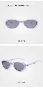 Detailsicht der ovalen, lilafarbenen Sonnenbrille mit grauen Gläsern und Scharnier