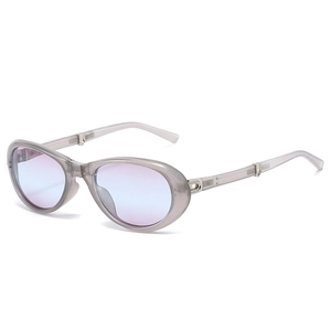 Ovale transparente graue Falt-Sonnenbrille mit blau-violetten Verlaufsgläsern und Scharnier