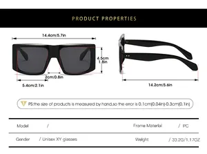 Size chart showing exact dimensions of oversized square Y2K sunglasses in centimeters and inches