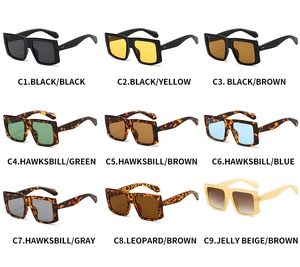 Collage showing 9 colorful pairs of square oversized sunglasses with metallic hinge dots