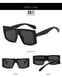 Three-angle views showing front, back, and 45-degree profile of black square sunglasses