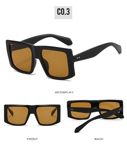Macro detail of square Y2K sunglasses with black frames and amber lenses from multiple angles
