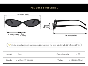 Size chart for oval sunglasses showing lens width and frame dimensions in centimeters