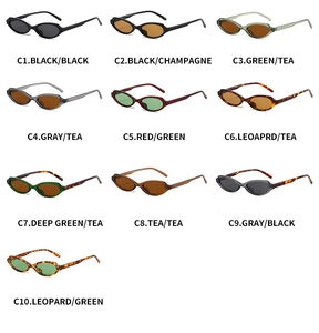 Multiple color variations of retro oval sunglasses with narrow frames for women