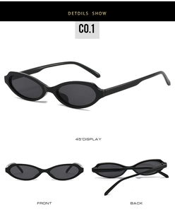 Three-angle view of black narrow cat-eye sunglasses with oval frames and sleek temples