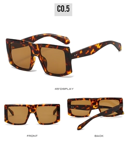 Three-view display of square tortoiseshell sunglasses with brown lenses from multiple angles