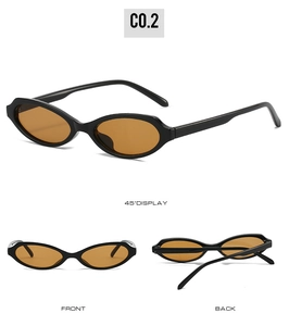 Three views of oval sunglasses with black frames and vibrant orange lenses