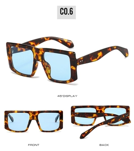 Detail view of square tortoiseshell frame sunglasses with light blue lenses showing all angles
