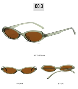 Detailed views of light green oval sunglasses with brown lenses from three angles