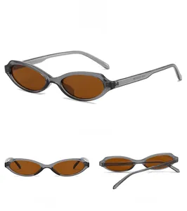 Three-angle views of vintage oval sunglasses with smoke gray frame and amber lenses