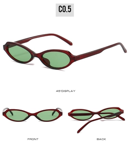 Detailed views of oval burgundy sunglasses with green lenses from front, back, and 45-degree angle