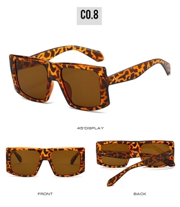 Detail view of square leopard print sunglasses in 45-degree, front, and back perspectives