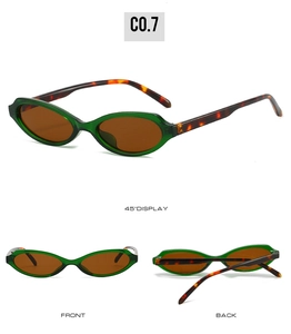 Three-angle display of oval green resin sunglasses with tortoiseshell temples