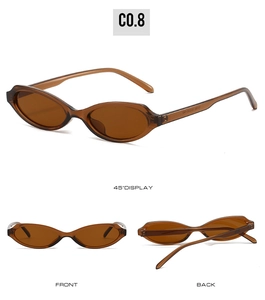 Detailed views of brown oval sunglasses showing front, back and 45-degree angle profiles