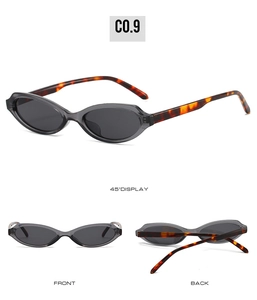 Detail view of oval sunglasses with translucent grey lenses and tortoiseshell temples