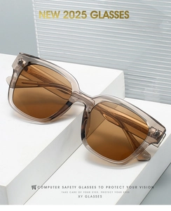 Detail of 2025 TR90 sunglasses showing star rivets on transparent gray frames