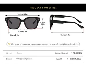 Detailed size chart for TR90 fashion sunglasses with precise frame and lens measurements