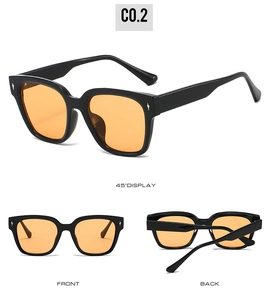 Three views of retro square sunglasses with star rivets and orange lenses in TR90 frame