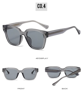 Detailed views of translucent grey TR90 square sunglasses with silver star rivets