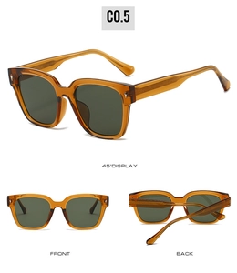 Three views of retro amber TR90 sunglasses with green lenses and star rivets