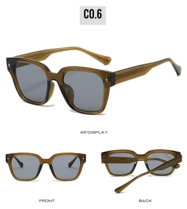 Three-view of amber square sunglasses with TR90 frames and star rivets on the temples