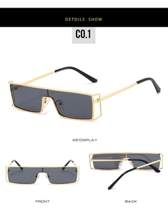 Three-angle view of vintage rectangle metal sunglasses with dark grey lenses in gold finish