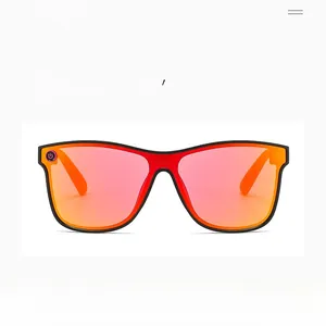 Detail view of large black frame sunglasses with orange gradient HD polarized lenses