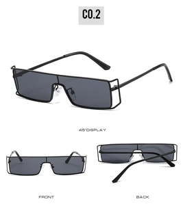 Detail view of retro rectangle metal sunglasses showing front, back, and 45-degree angle