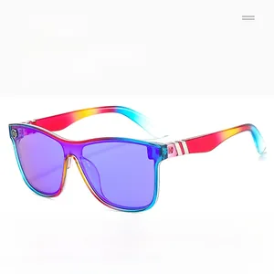Detail of gradient rainbow frames and purple lenses on stylish oversized sunglasses