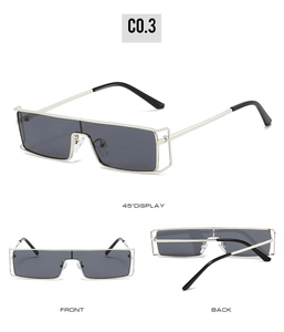 Detailed views of vintage metal sunglasses with silver frames and dark gray lenses