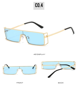 Three views of gold metal rectangle sunglasses with light blue lenses and black tips