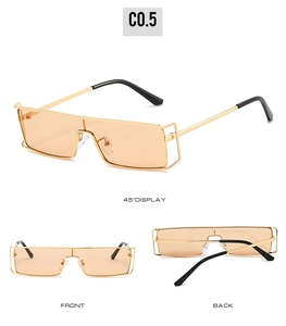 Detailed views of gold metal rectangle sunglasses with amber lenses and geometric cutout