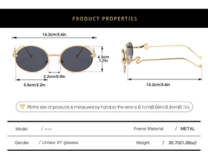 Detailed size chart for vintage oval sunglasses with metallic wavy S-shaped arms