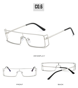 Three-view display of vintage silver rectangle metal sunglasses with C0.6 model detail