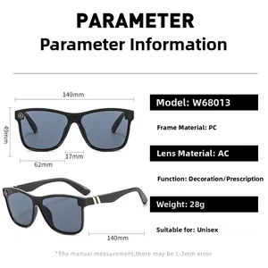 Detailed dimension guide for black square PC frame sunglasses with AC lenses and UV protection
