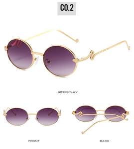 Detail view of oval sunglasses featuring gold snake-shaped temples and purple gradient lenses