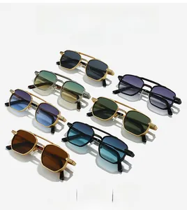 Collection of retro square metal sunglasses in gold, silver, and black frames with multi-color lenses