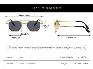 Detailed sizing guide showing lens width, bridge and temple length for metal sunglasses