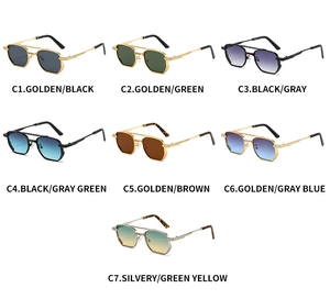 Detailed grid showing seven color variations of vintage square pilot sunglasses with metal frames