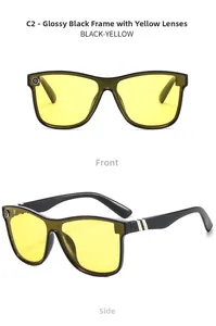 Detail view of stylish C2 sunglasses with glossy black frames and yellow lenses