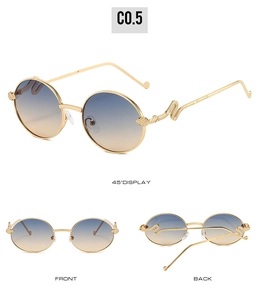 Detailed views of gold snake-embossed temples on round metal gradient sunglasses