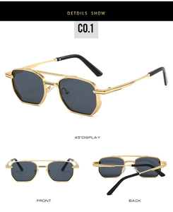 Detail view of square gold metal sunglasses with double bridge and dark grey lenses