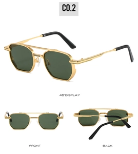 Three-way view of square metal sunglasses with double bridge and green lenses
