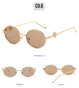 Detailed views of vintage oval sunglasses with gold snake-patterned metal frames
