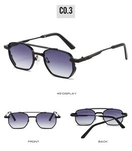 Multi-angle view of square metal sunglasses with purple gradient lenses and double bridge