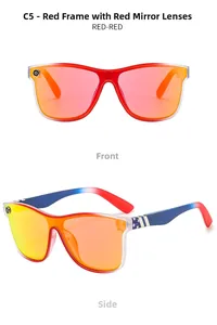 Detail view of red mercury lens sunglasses with blue and white star flag pattern temples