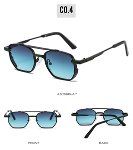 Three-angle views of square metal sunglasses with teal gradient lenses and green accents